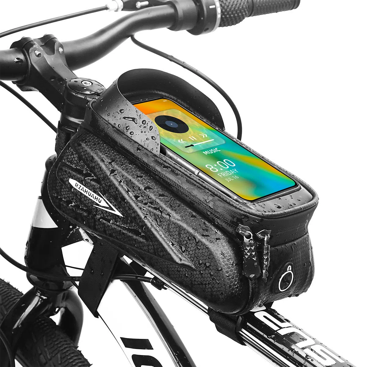 Black EVA PU leather bicycle top tube phone storage bag 1.5L with zipped closure on a bike frame