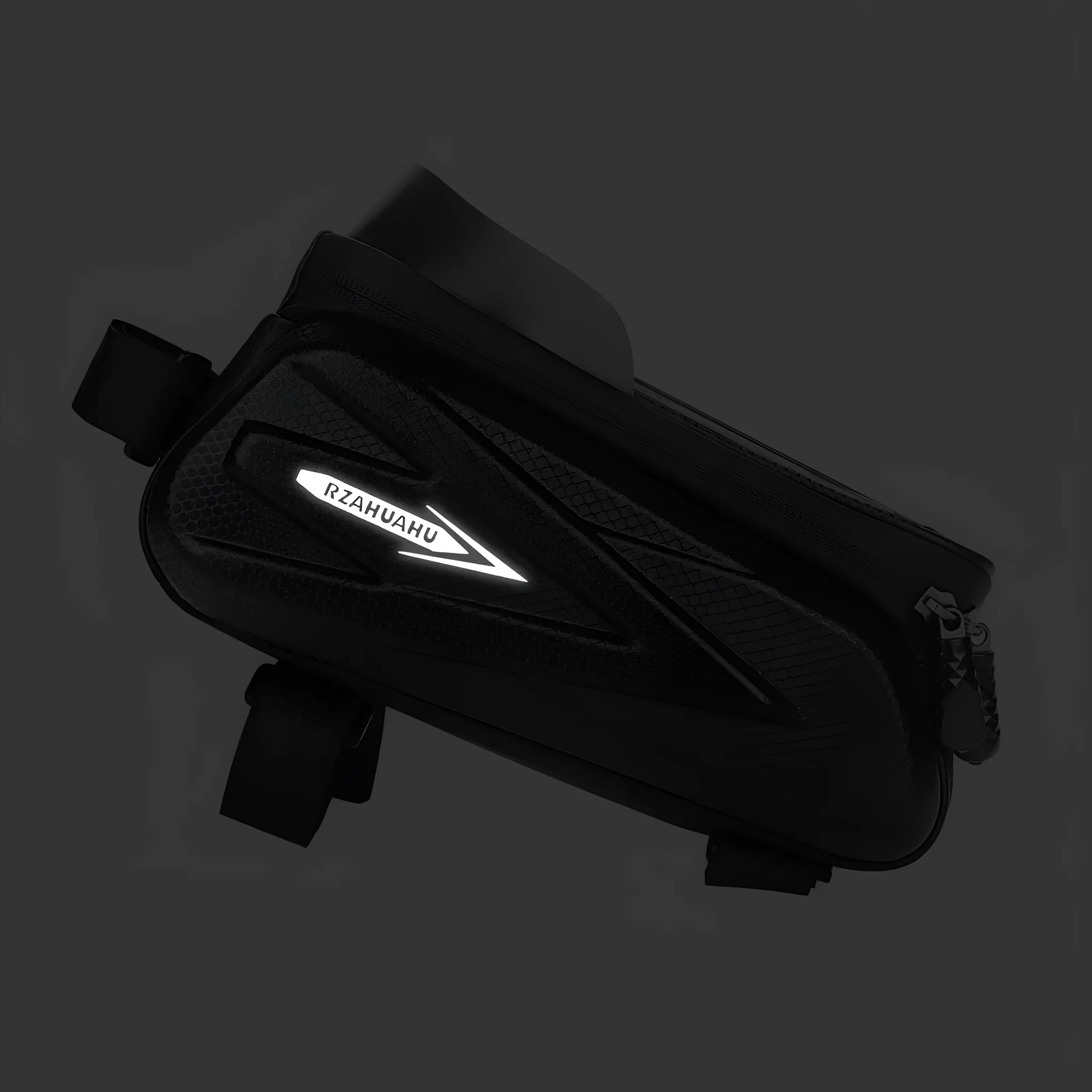 Black EVA PU leather bicycle top tube phone storage bag 1.5L with zipped closure on a bike frame