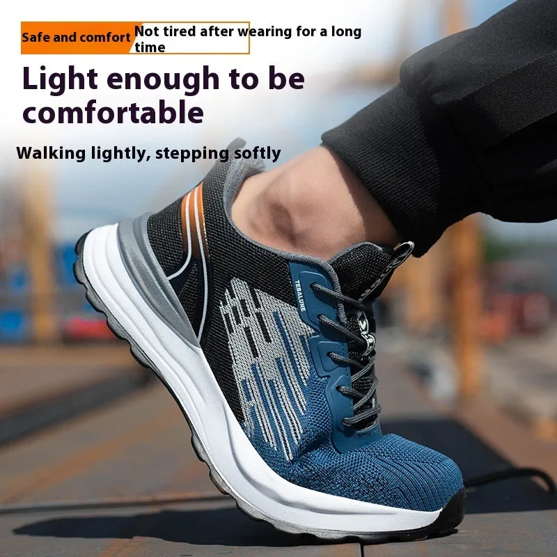 Blue men's safety work shoes with plastic toe cap and mesh upper on non-slip PU sole