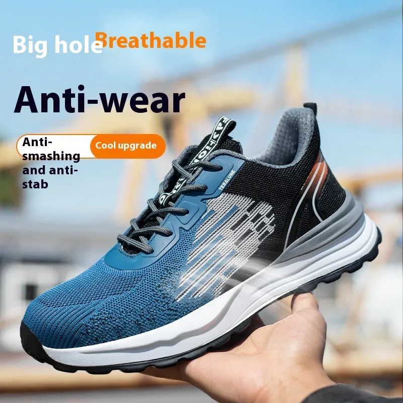 Blue men's safety work shoes with plastic toe cap and mesh upper on non-slip PU sole