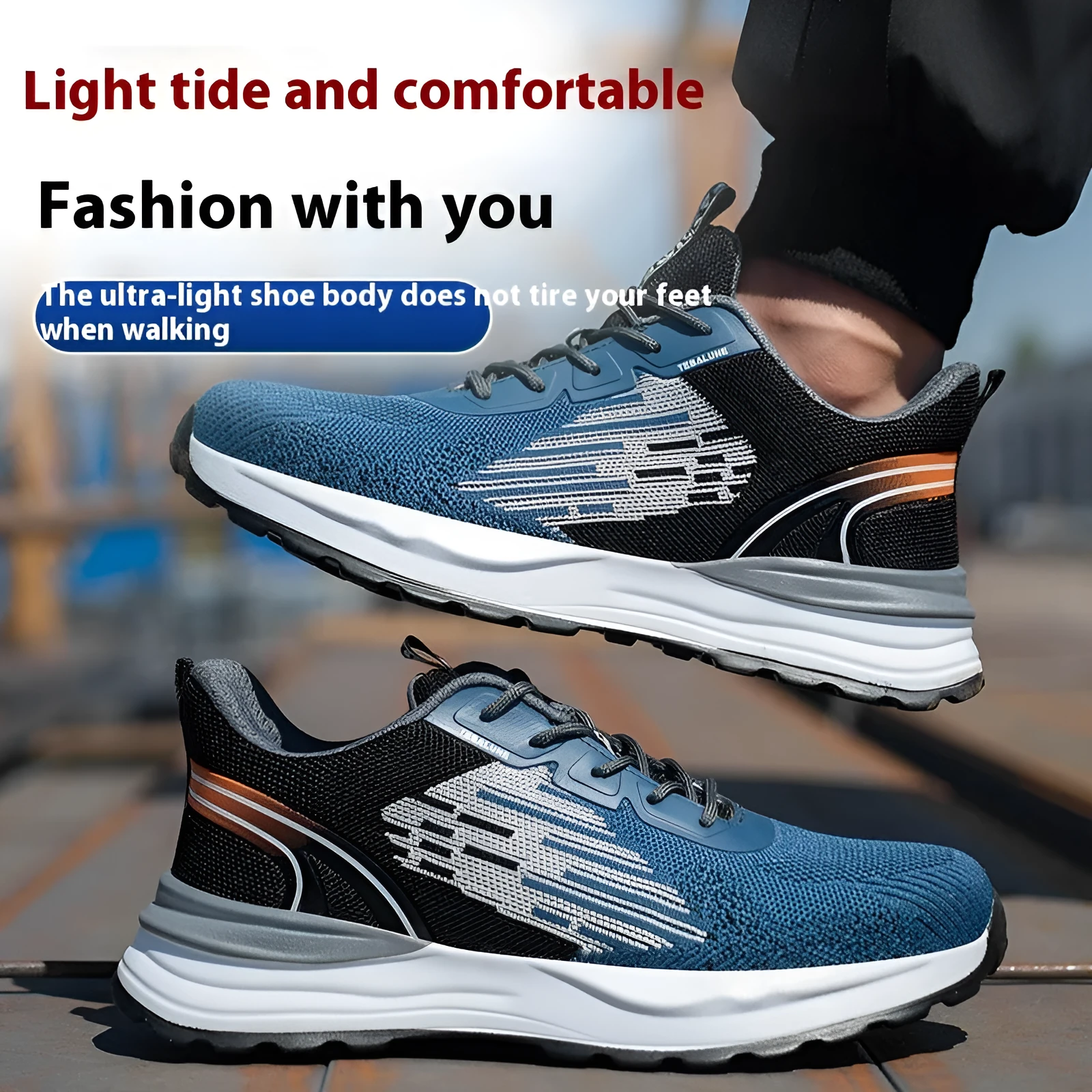 Blue men's safety work shoes with plastic toe cap and mesh upper on non-slip PU sole