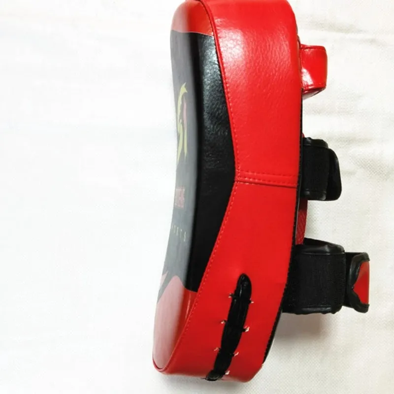 Square black and red hand-held martial arts target pad with strap, showing dimensions.