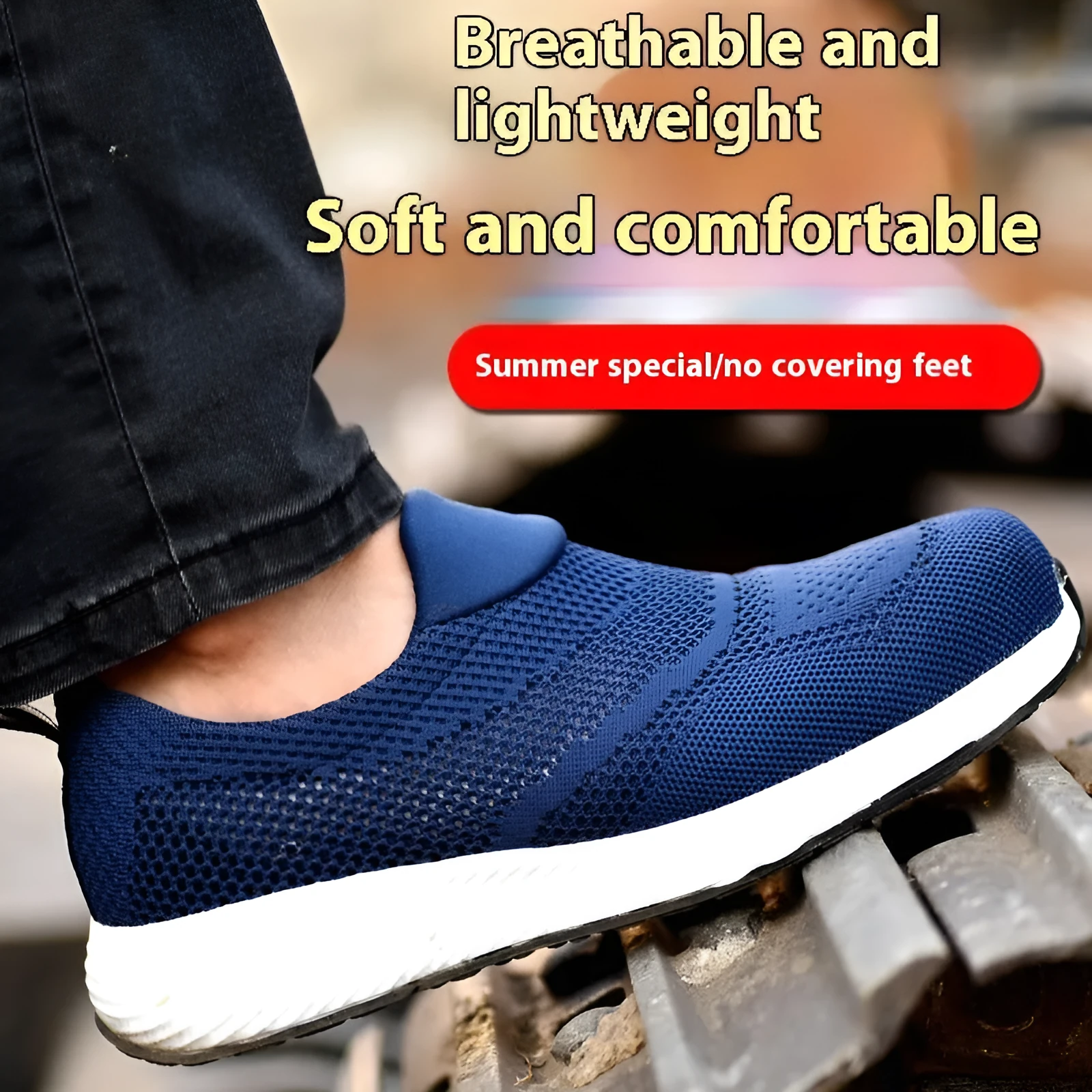 Men's black lightweight steel toe work safety shoe with mesh upper on grey background