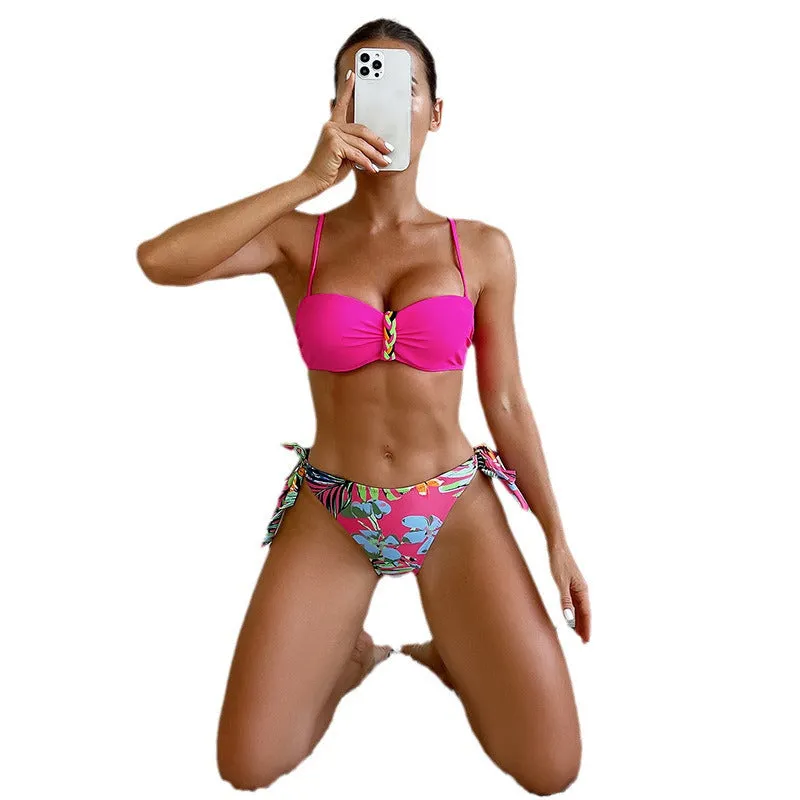 Rose red women's bikini swimsuit with rope braid detail on a mannequin.
