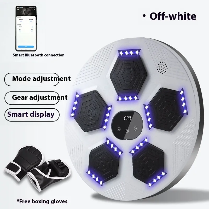 Smart music boxing machine reaction target hanging on wall with matching training gloves