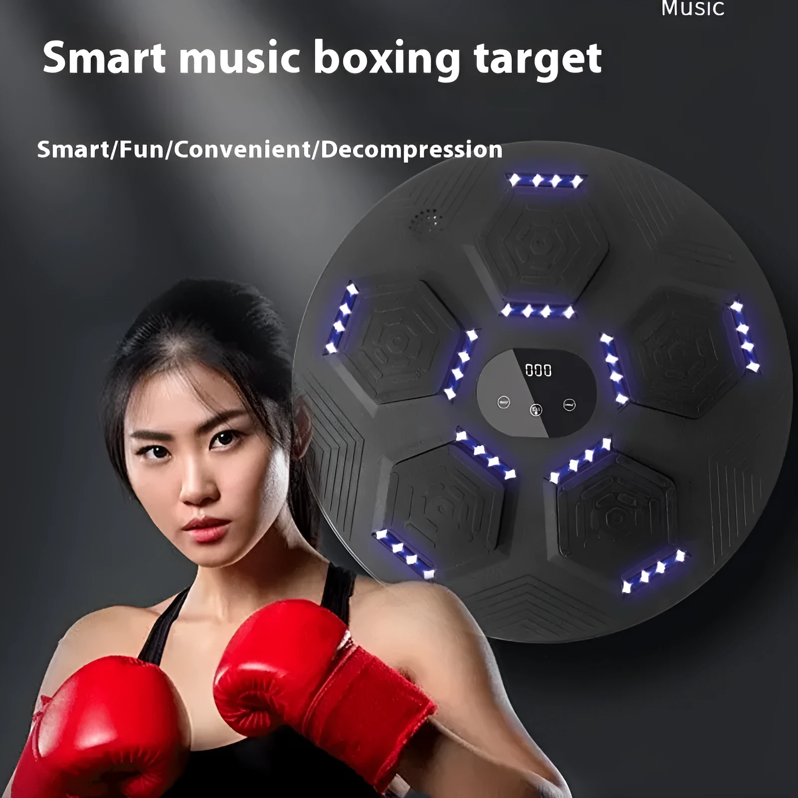 Smart music boxing machine reaction target hanging on wall with matching training gloves