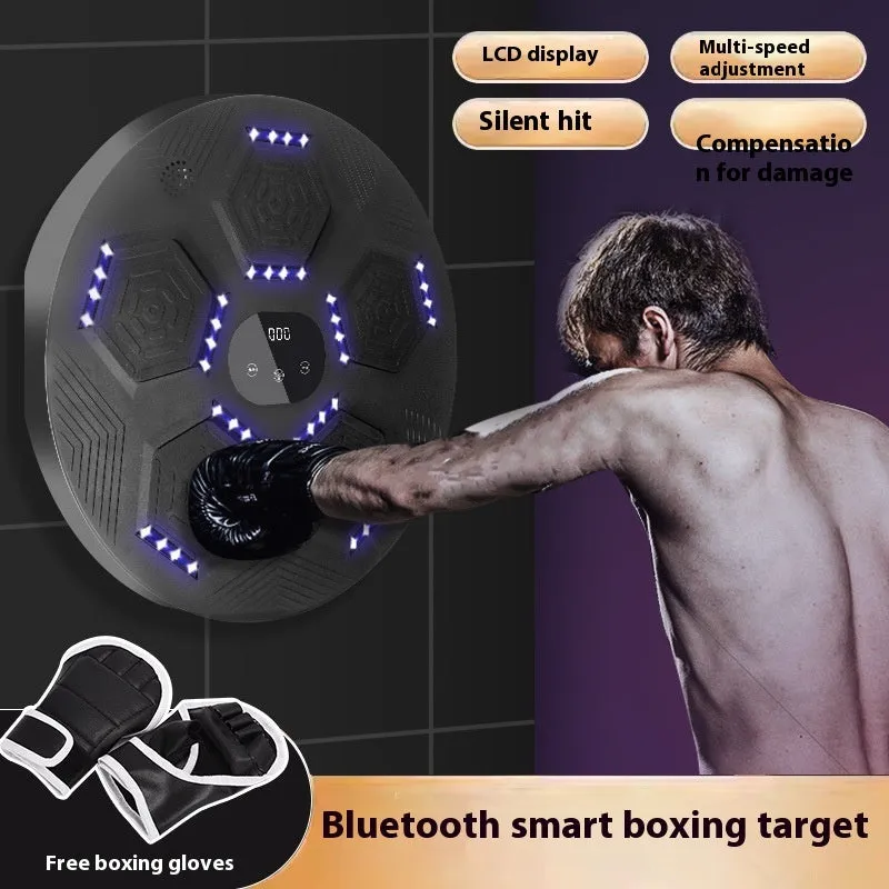 Smart music boxing machine reaction target hanging on wall with matching training gloves