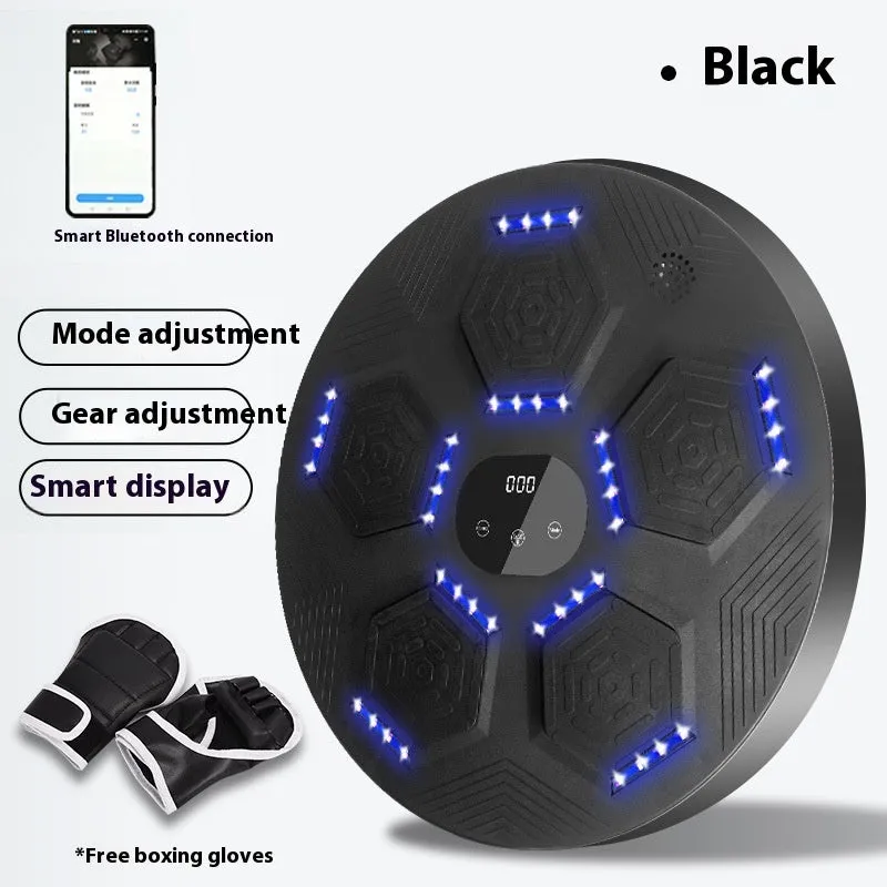 Smart music boxing machine reaction target hanging on wall with matching training gloves