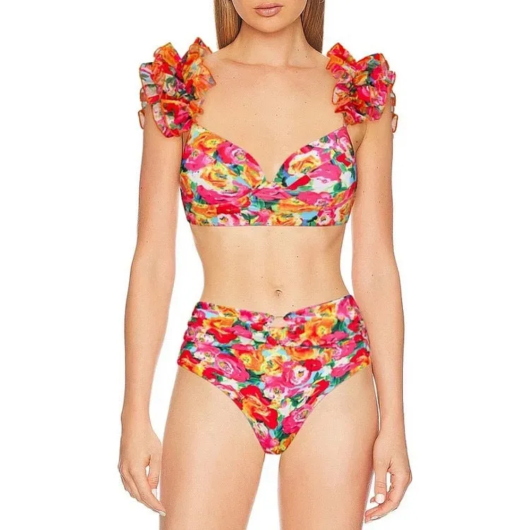 Women's floral print push-up bikini with high waist swim briefs on a mannequin.