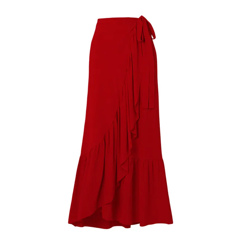 Red women's halter neck one-piece swimsuit with detachable long skirt, showing V-neck and open back design.