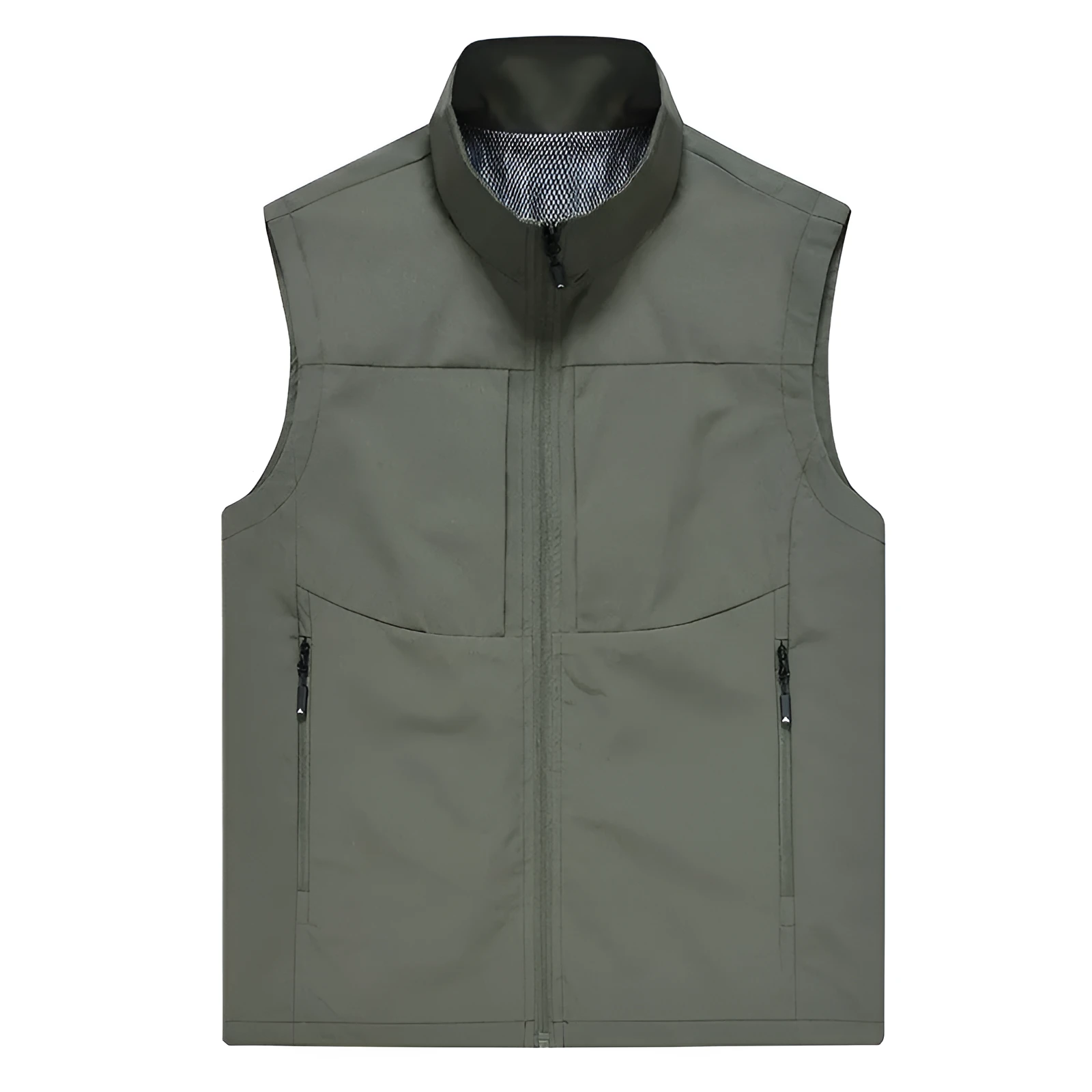Men's loose-fit stand collar cardigan vest in polyester for outdoor leisure.