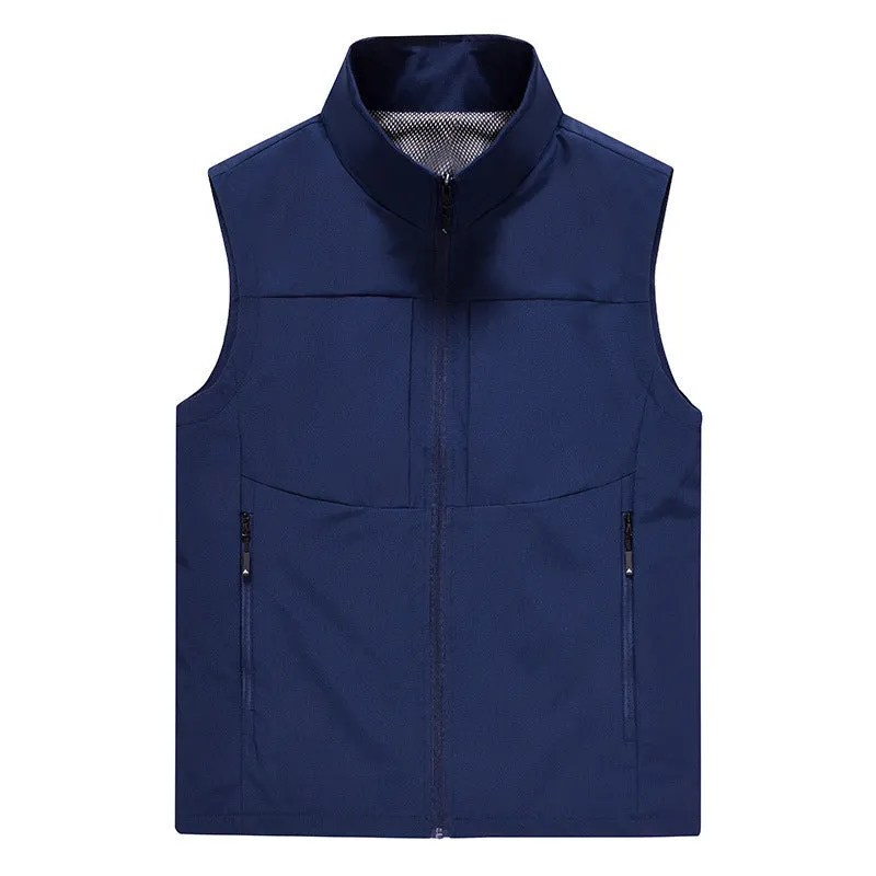 Men's loose-fit stand collar cardigan vest in polyester for outdoor leisure.