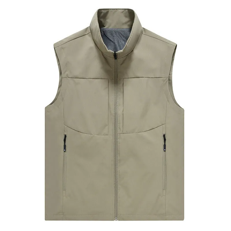Men's loose-fit stand collar cardigan vest in polyester for outdoor leisure.