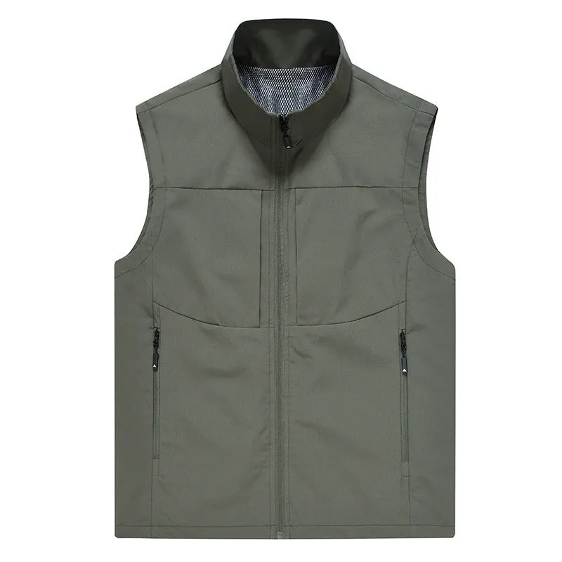 Men's loose-fit stand collar cardigan vest in polyester for outdoor leisure.