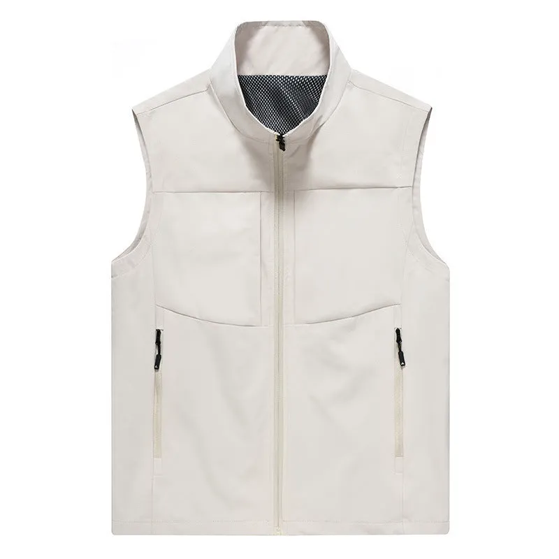 Men's loose-fit stand collar cardigan vest in polyester for outdoor leisure.