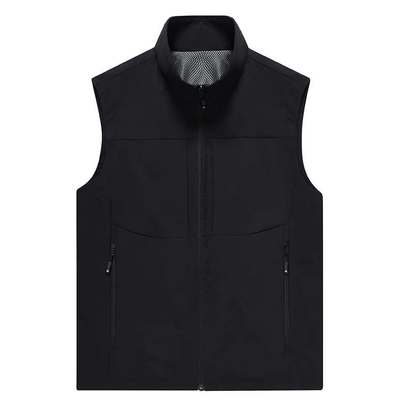 Men's loose-fit stand collar cardigan vest in polyester for outdoor leisure.