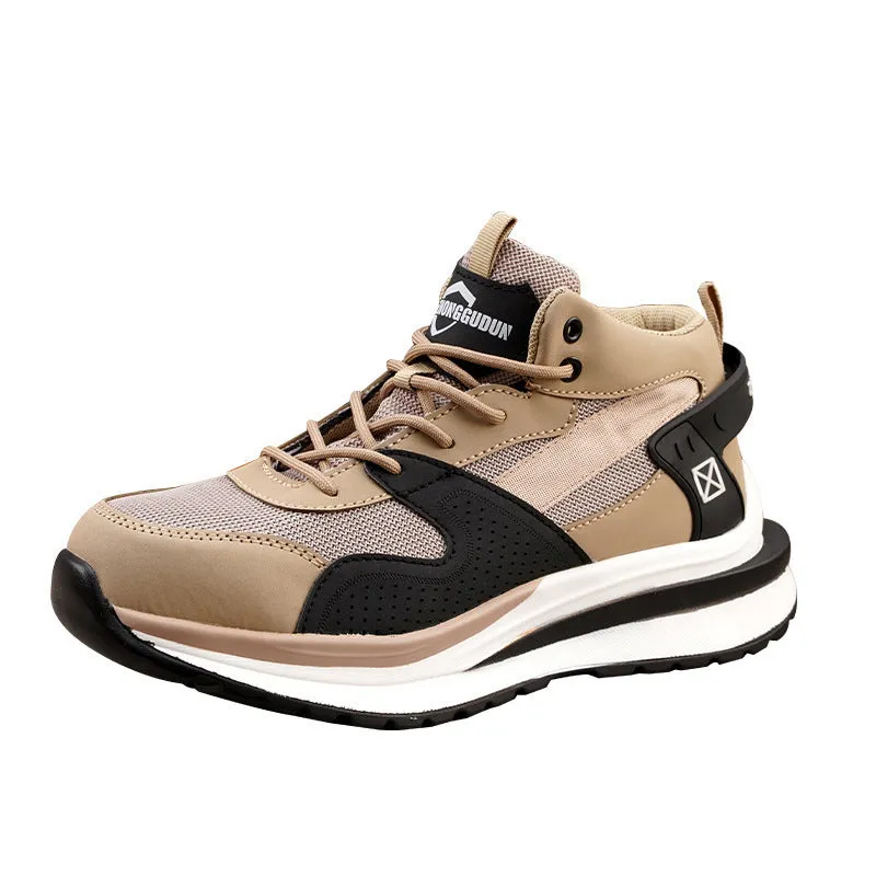 Low-top black safety work boot with lace-up front and steel toe cap on a construction site background.