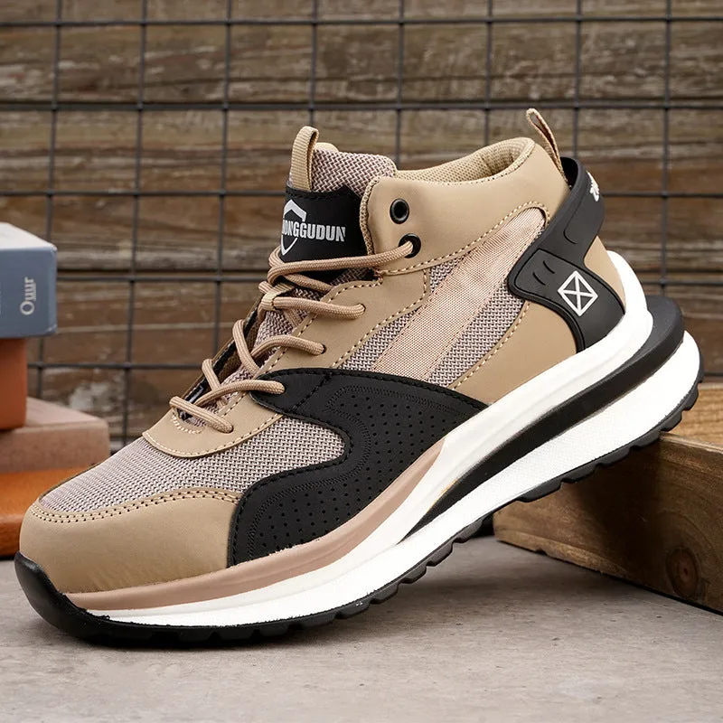 Low-top black safety work boot with lace-up front and steel toe cap on a construction site background.