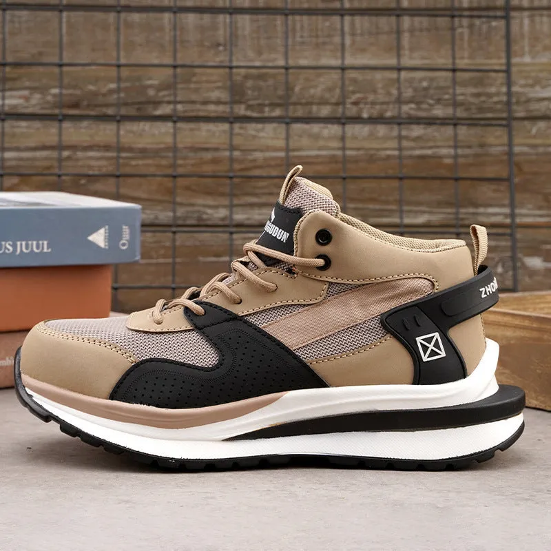 Low-top black safety work boot with lace-up front and steel toe cap on a construction site background.