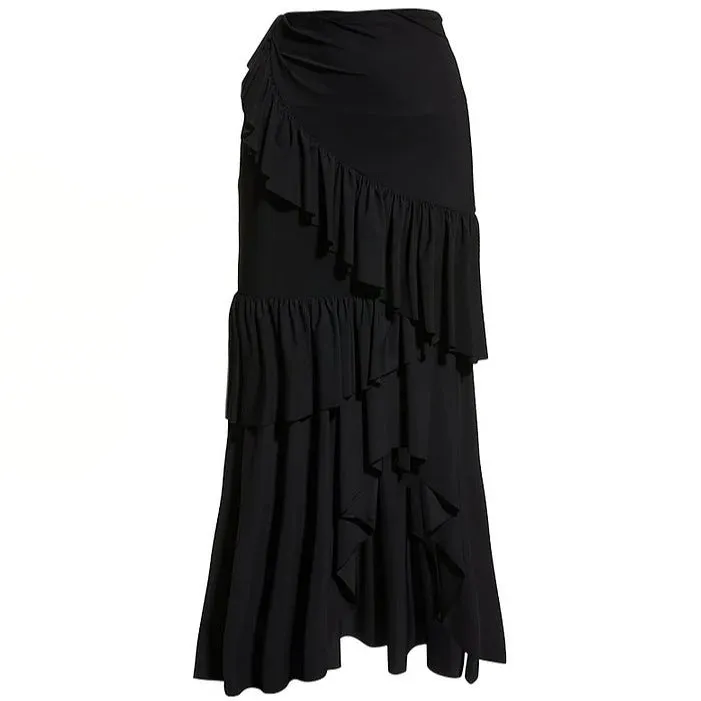 Women's striped one-piece swimsuit with black ruffled skirt detail for swimming and beachwear