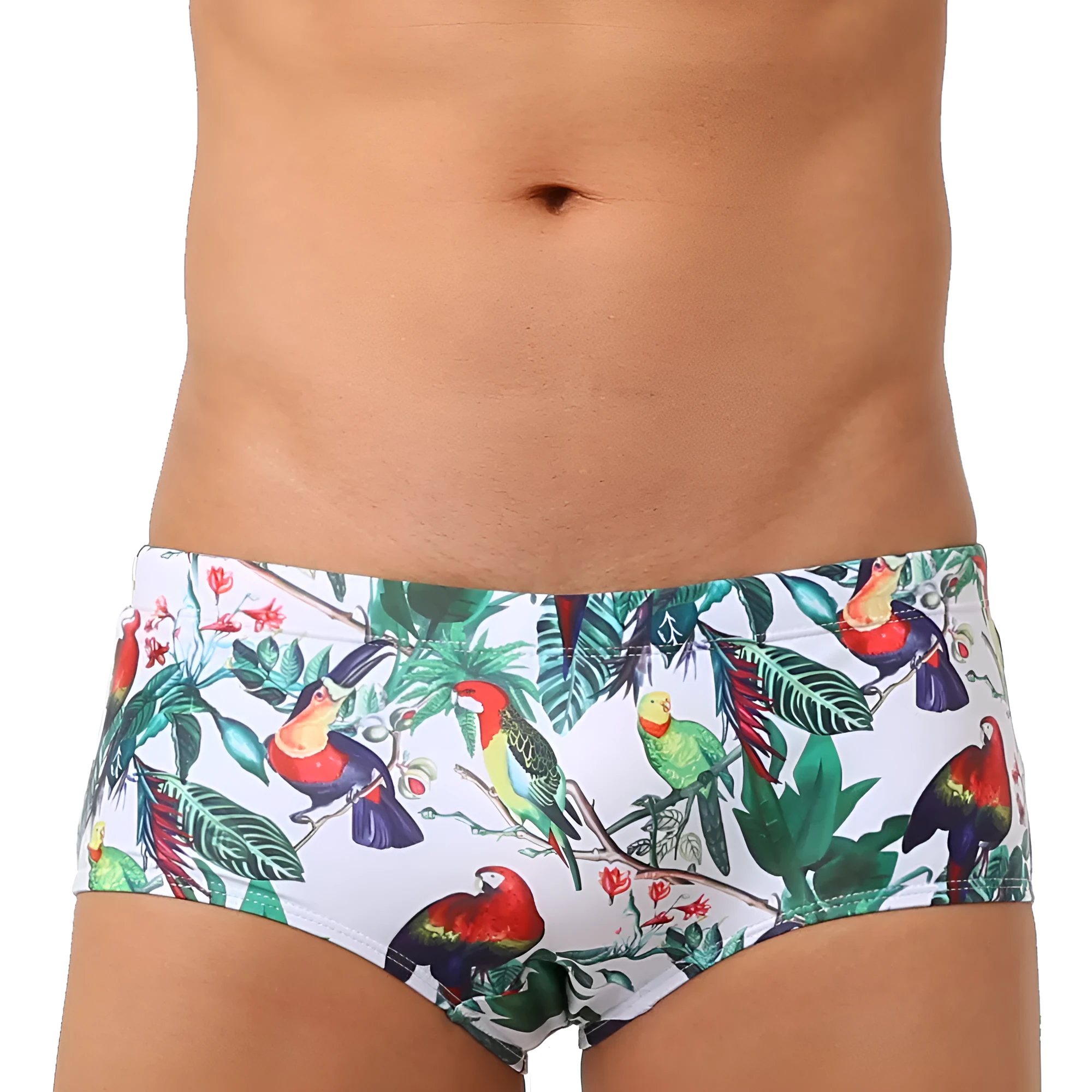 Men's blue swimming trunks with a detailed floral and bird print pattern, small boxer style