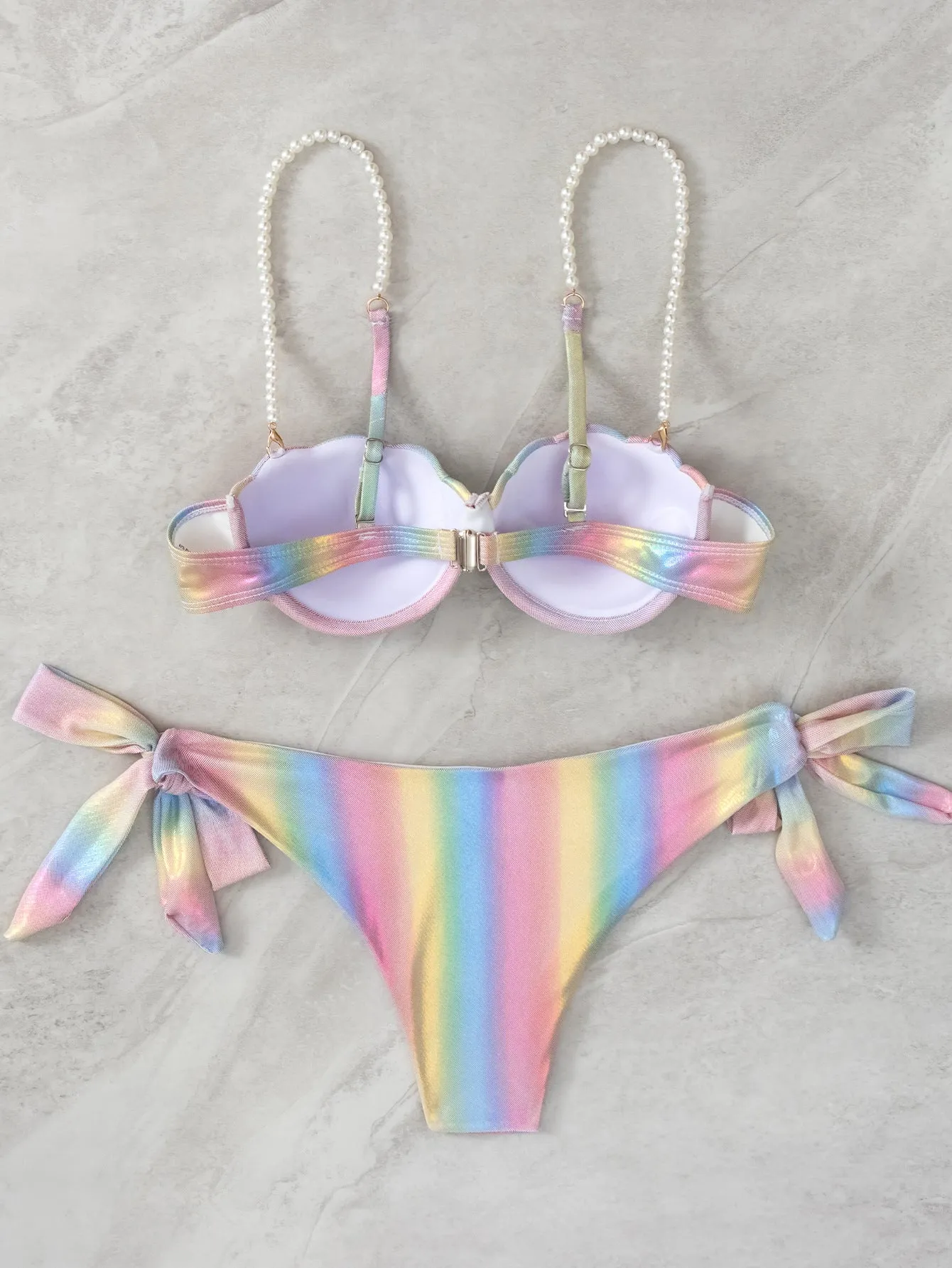 Women's shell rainbow pattern bikini swimsuit with split tied design in polyester fabric