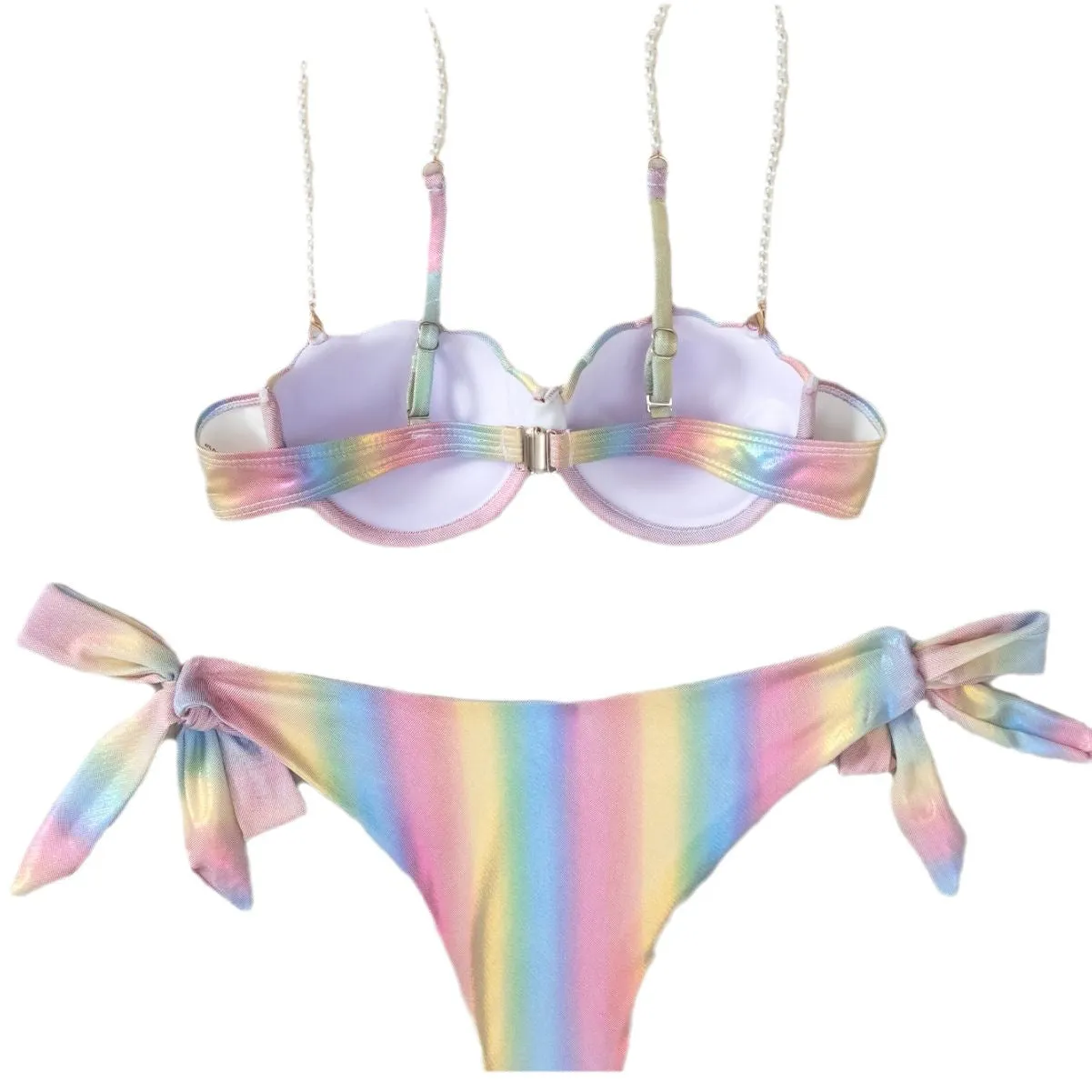 Women's shell rainbow pattern bikini swimsuit with split tied design in polyester fabric
