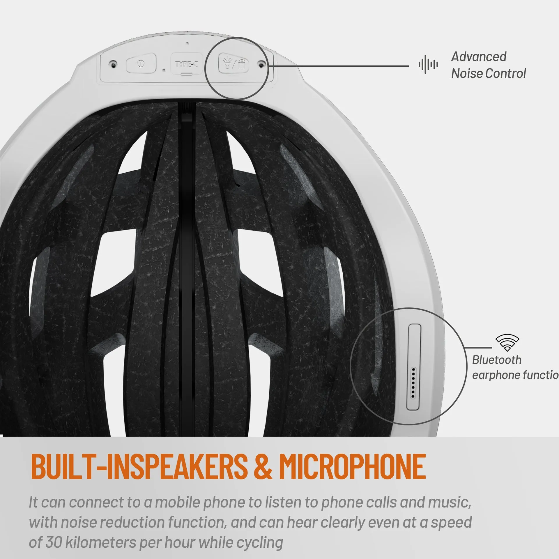 Black and grey smart cycling helmet with integrated Bluetooth and LED warning lights for adult riders