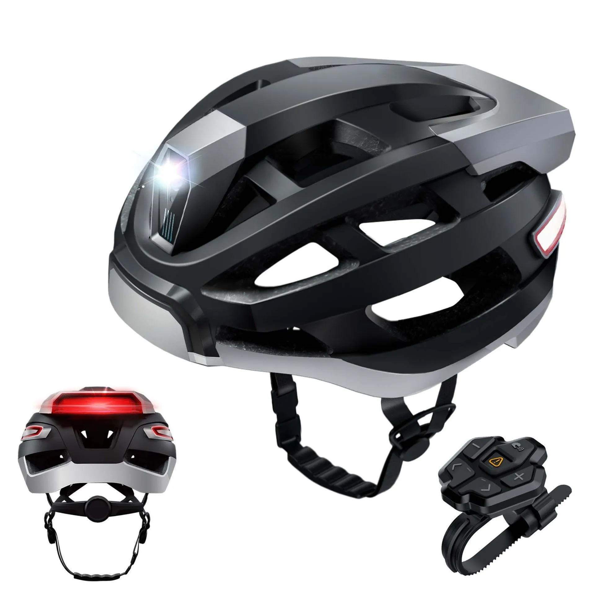Black and grey smart cycling helmet with integrated Bluetooth and LED warning lights for adult riders