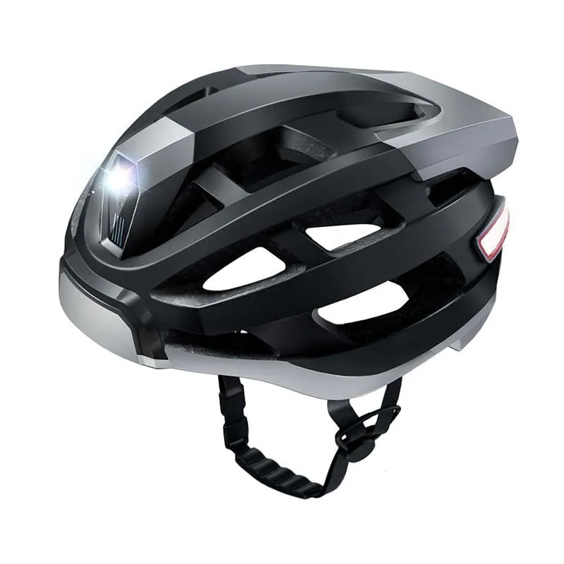 Black and grey smart cycling helmet with integrated Bluetooth and LED warning lights for adult riders