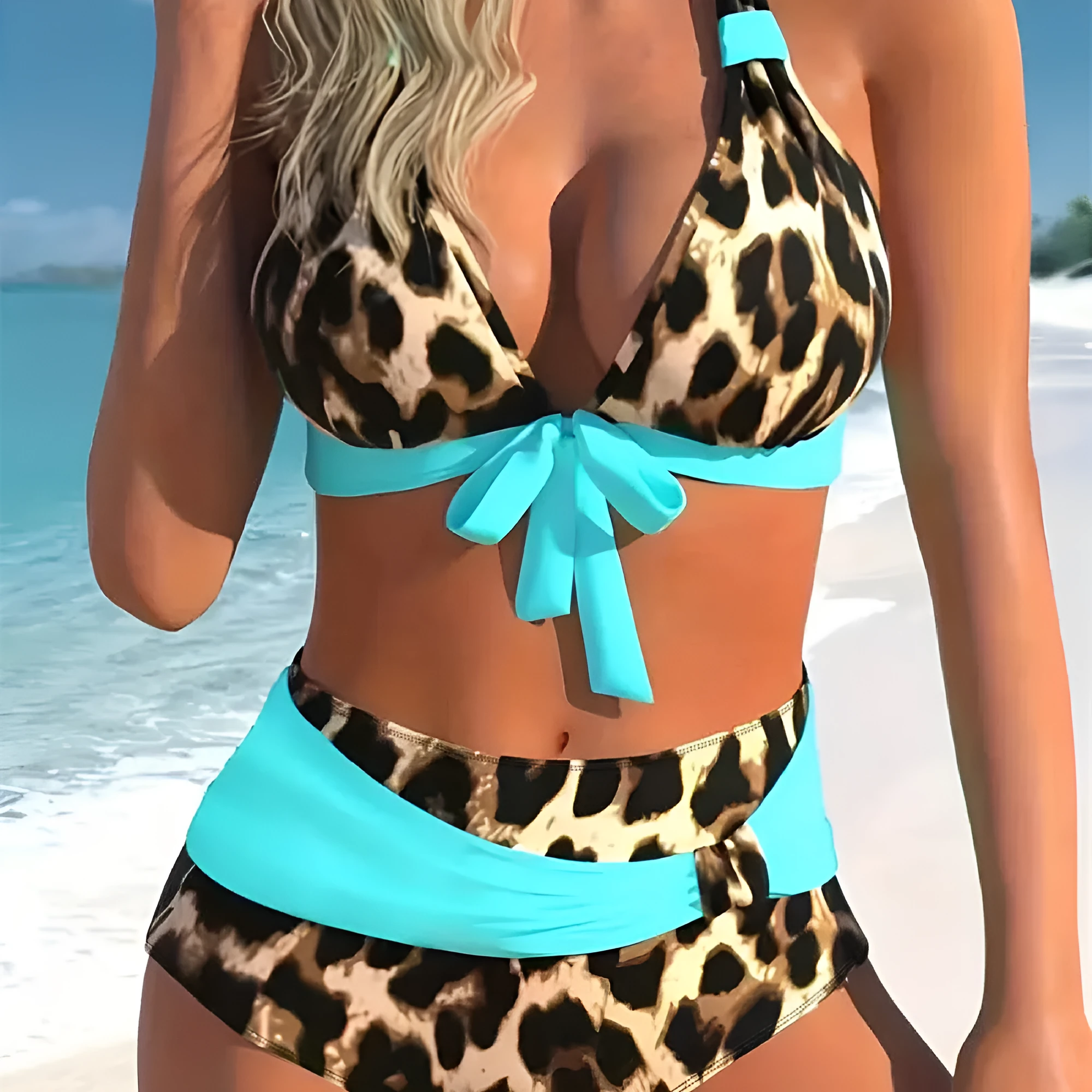 Women's colourful printed plus size bikini swimsuit set on a mannequin, showing the front design.