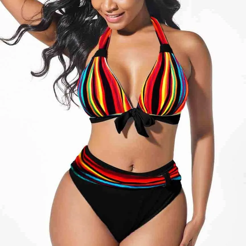 Women's colourful printed plus size bikini swimsuit set on a mannequin, showing the front design.