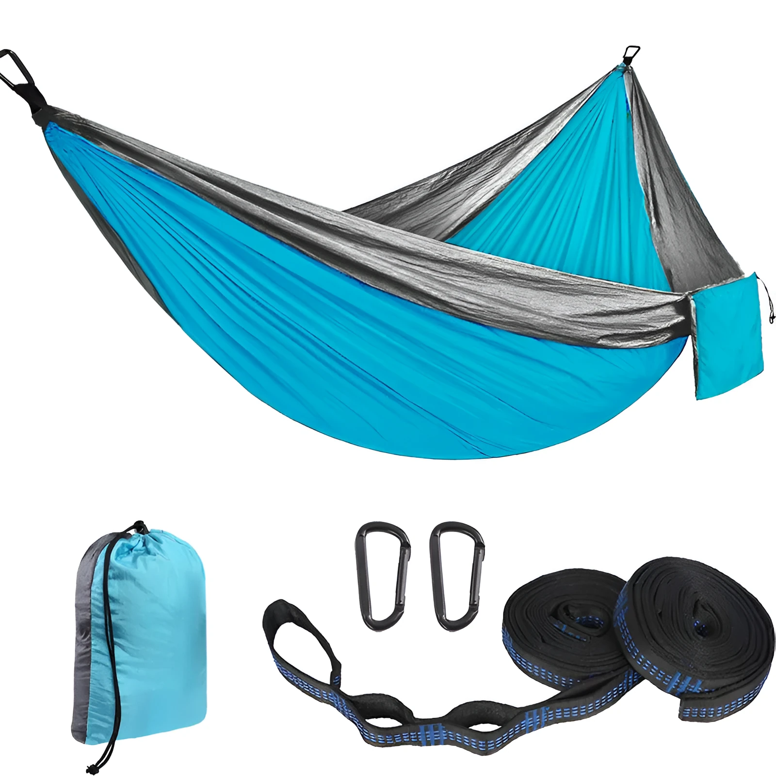 Parachute cloth camping hammock in 210T nylon hanging between trees with included ropes and buckles