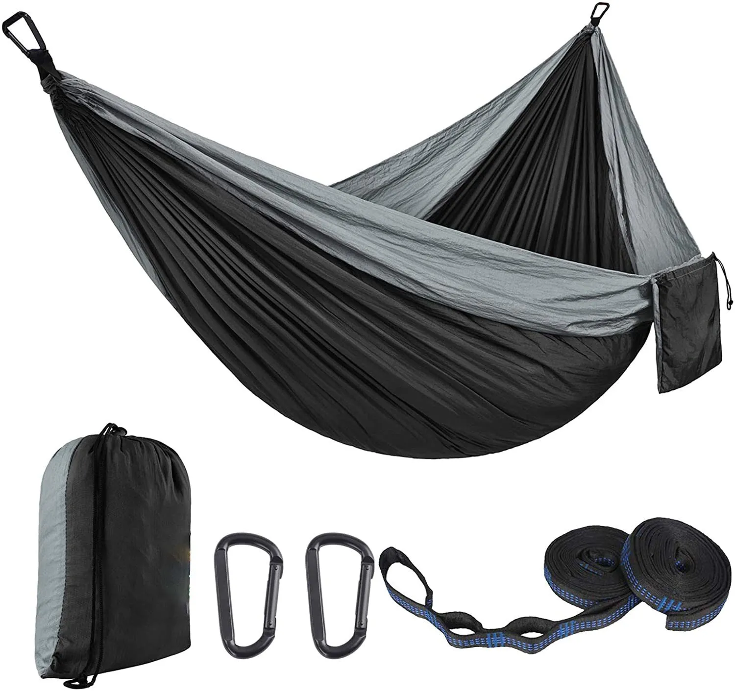 Parachute cloth camping hammock in 210T nylon hanging between trees with included ropes and buckles