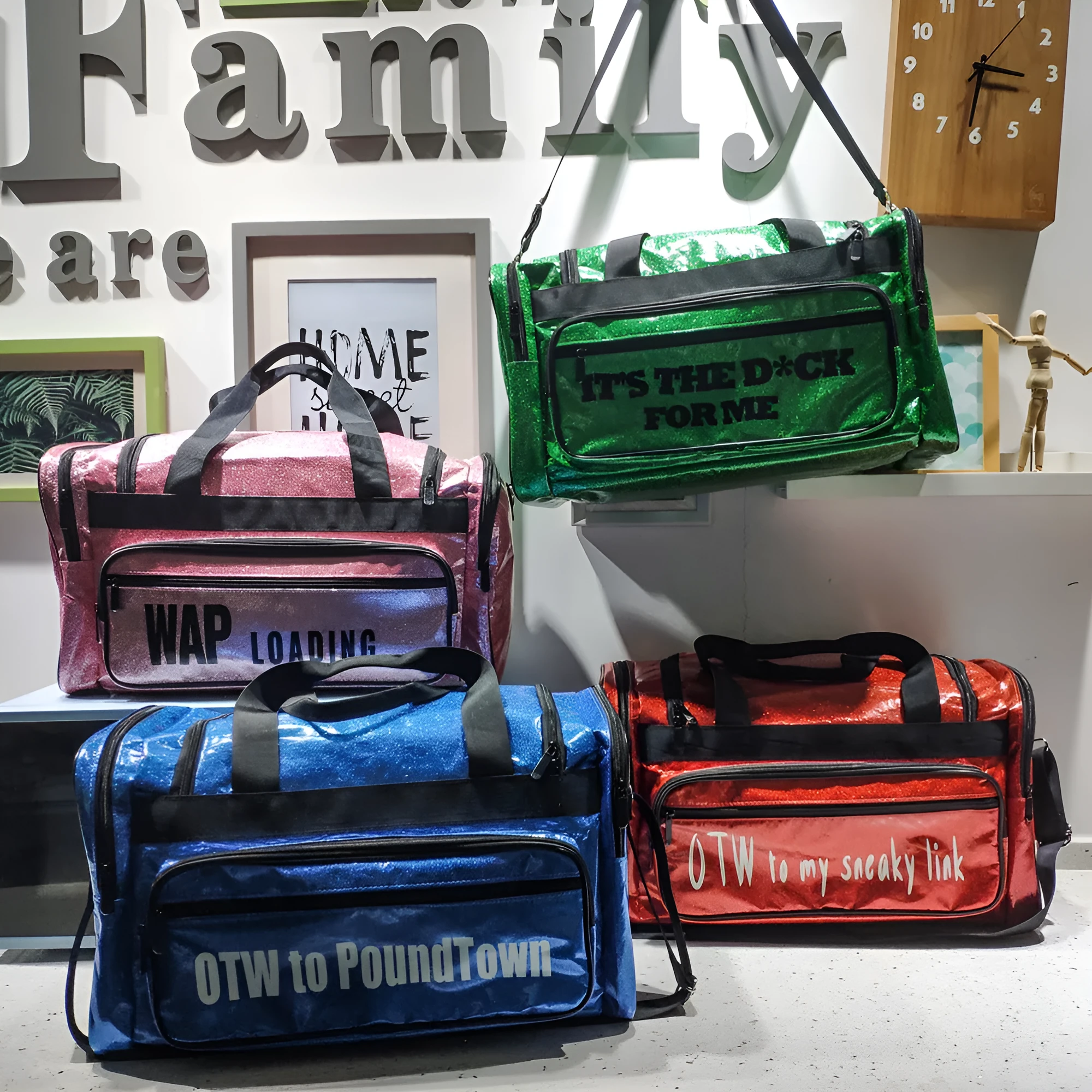 PU leather sports handbag with dry wet separation in blue colour showing 48x26x22cm dimensions