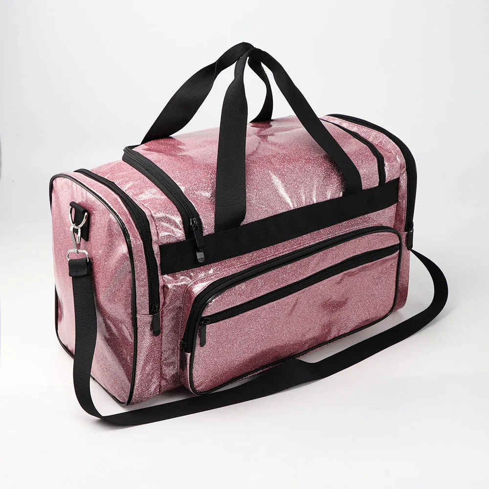 PU leather sports handbag with dry wet separation in blue colour showing 48x26x22cm dimensions