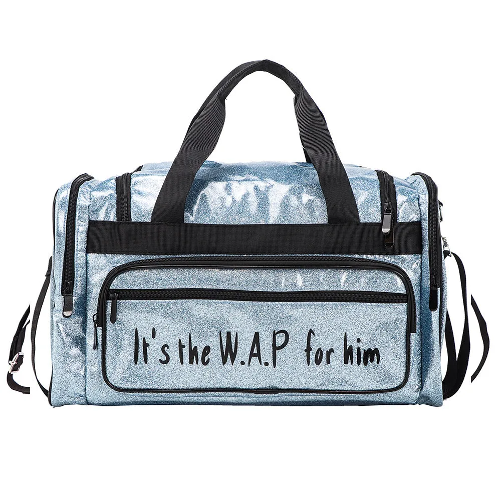 PU leather sports handbag with dry wet separation in blue colour showing 48x26x22cm dimensions