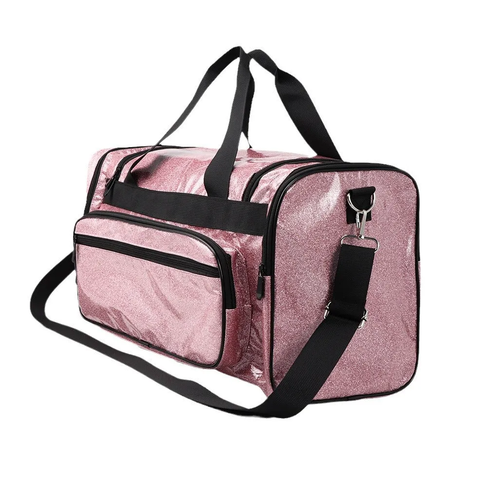 PU leather sports handbag with dry wet separation in blue colour showing 48x26x22cm dimensions
