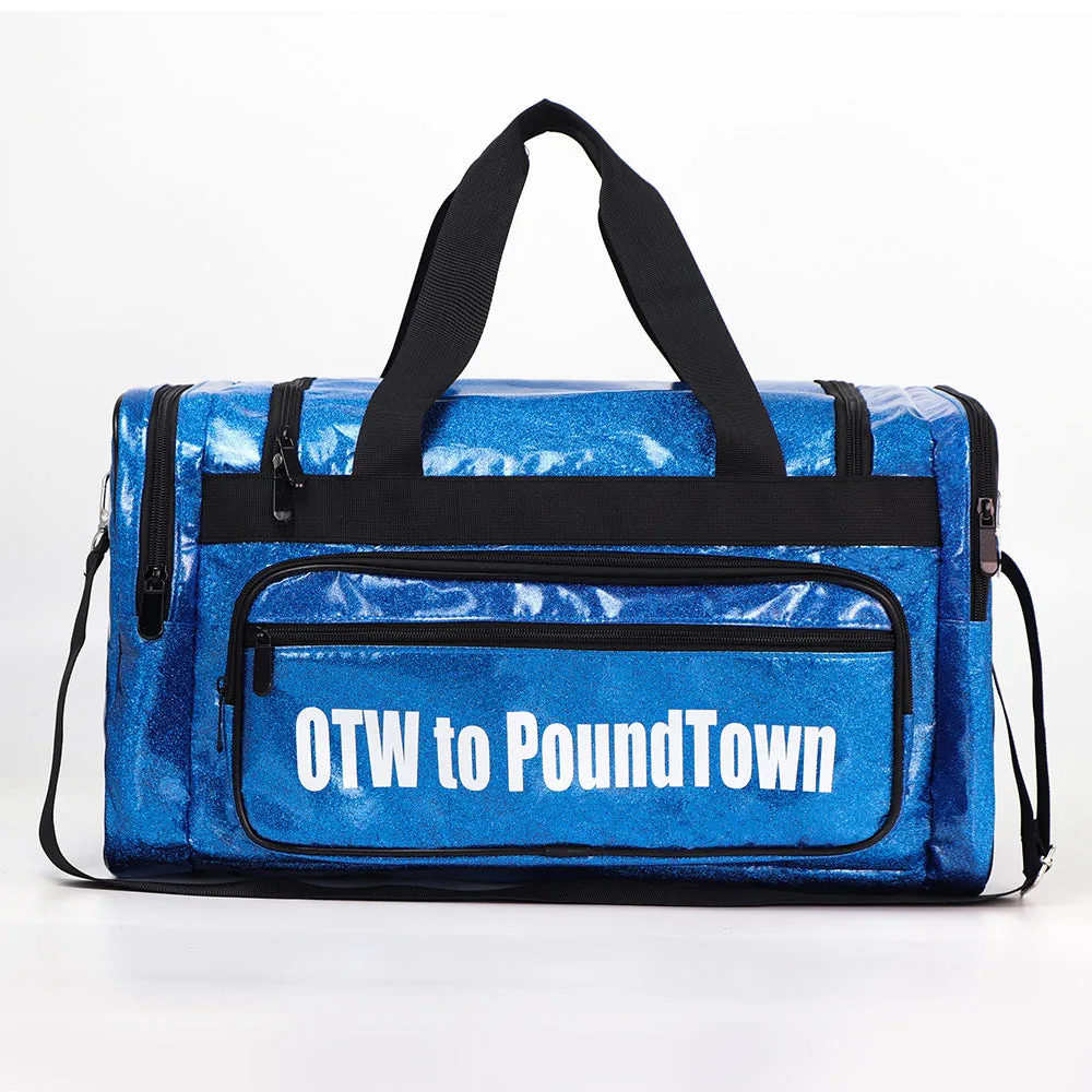 PU leather sports handbag with dry wet separation in blue colour showing 48x26x22cm dimensions