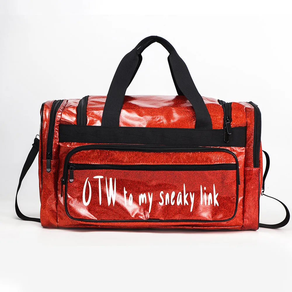 PU leather sports handbag with dry wet separation in blue colour showing 48x26x22cm dimensions