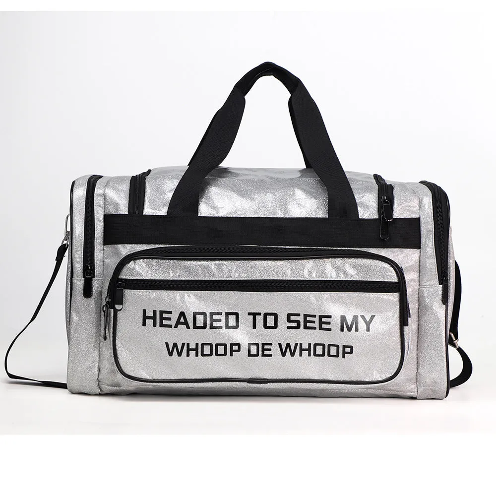 PU leather sports handbag with dry wet separation in blue colour showing 48x26x22cm dimensions