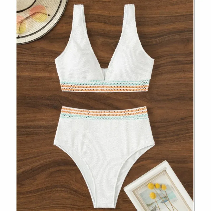 Women's high-waisted solid colour bikini swimsuit set in nylon fabric