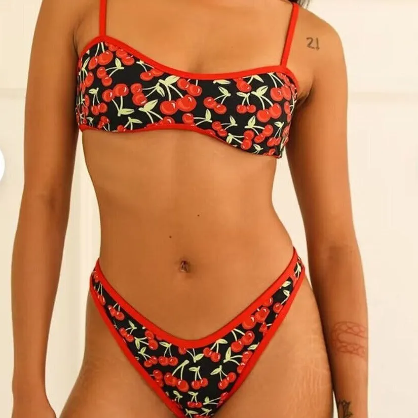 Women's cherry print tube top bikini set in polyester fabric with briefs style bottom