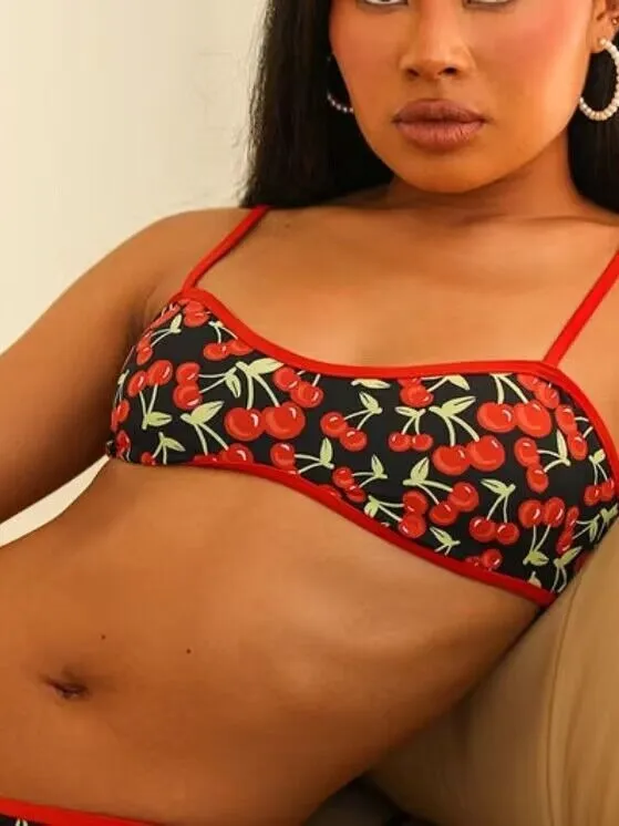 Women's cherry print tube top bikini set in polyester fabric with briefs style bottom