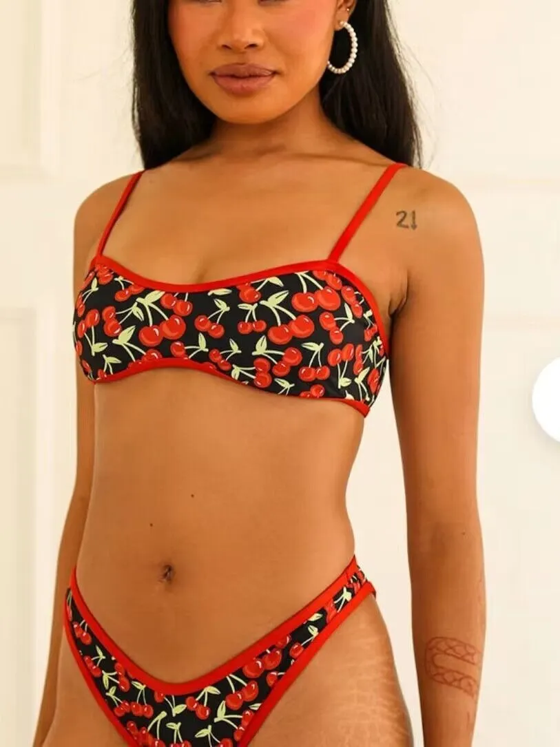Women's cherry print tube top bikini set in polyester fabric with briefs style bottom