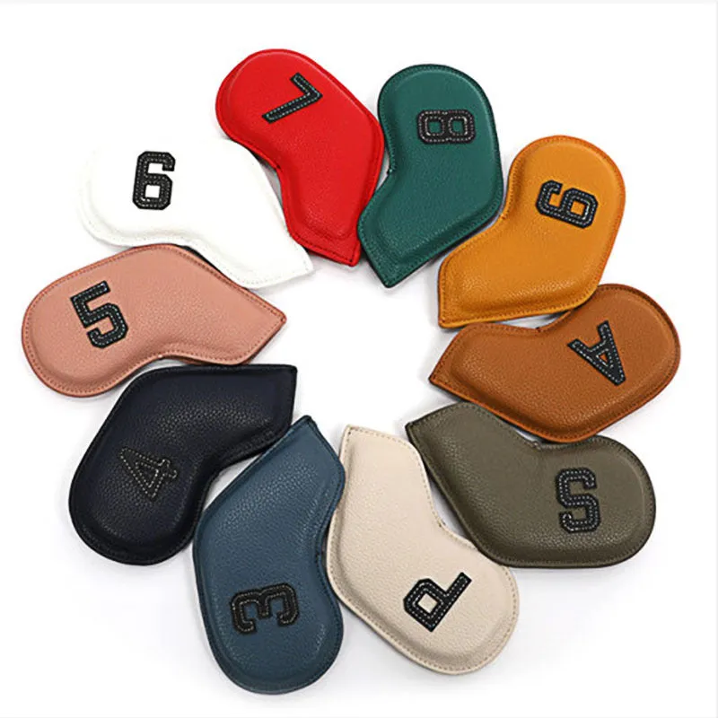 Set of 10 assorted colour PU golf club head covers with digital print designs.