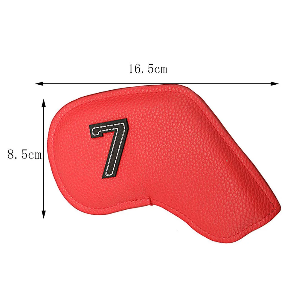 Set of 10 assorted colour PU golf club head covers with digital print designs.