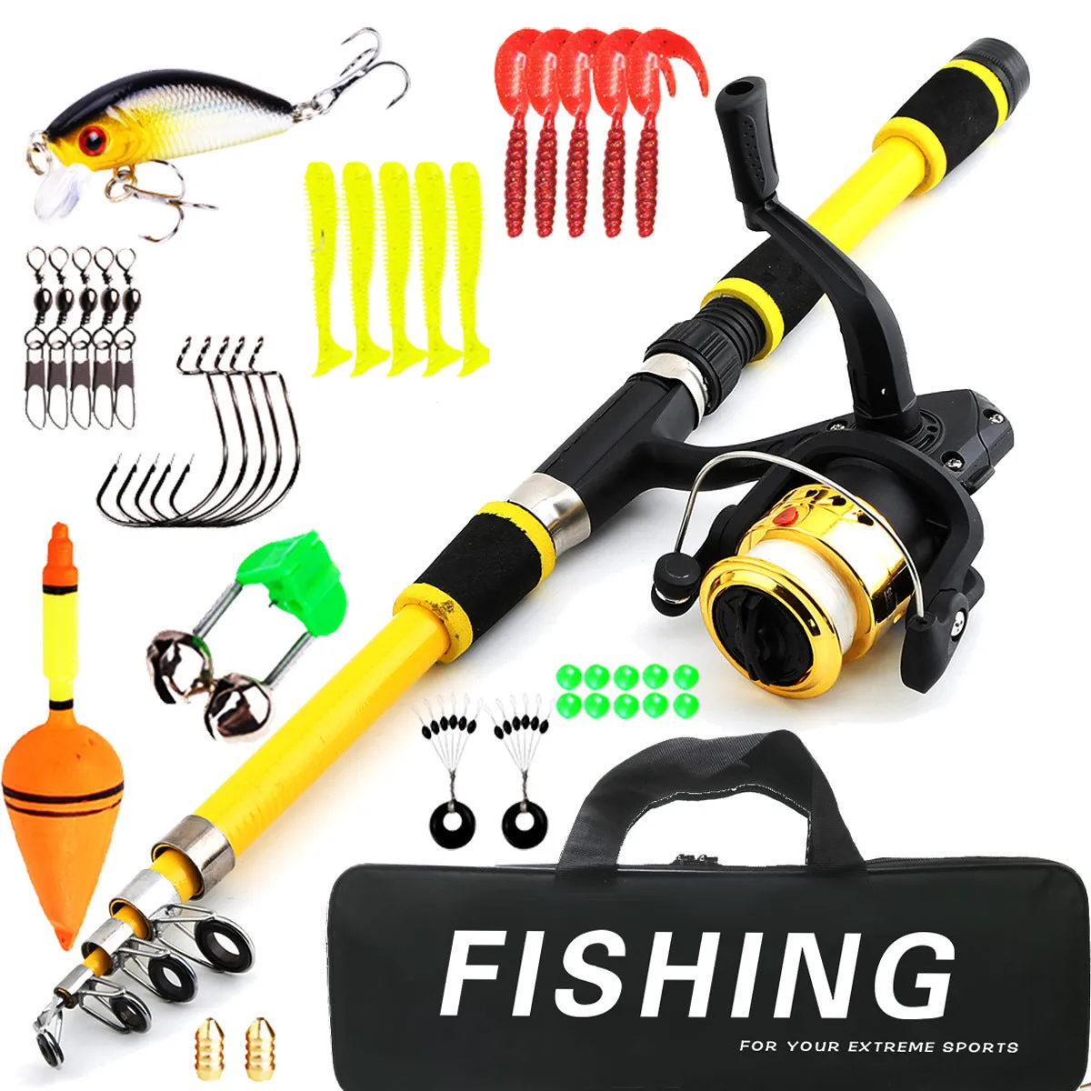 Children's beginner fishing rod kit with a blue pole and matching reel on a green background.