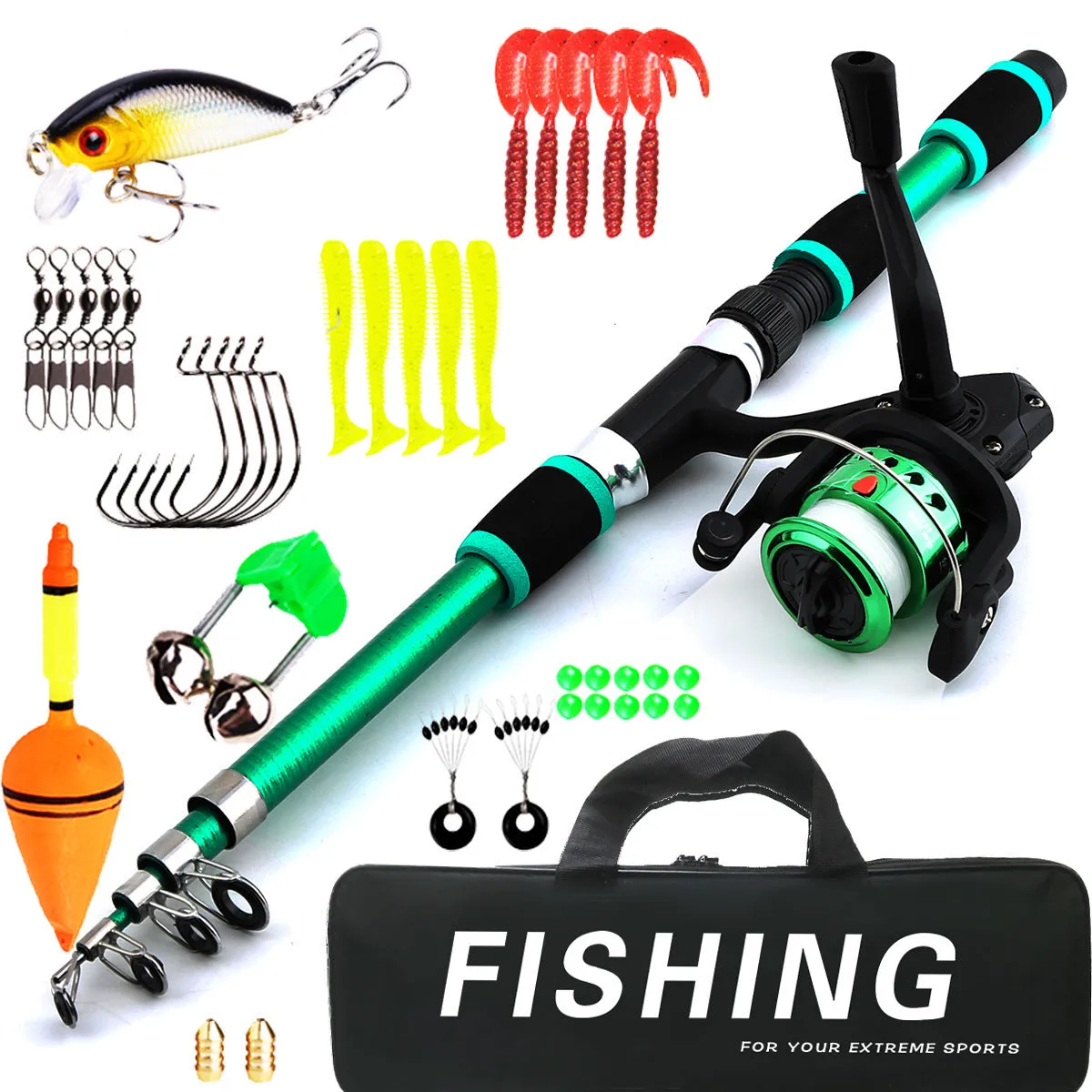 Children's beginner fishing rod kit with a blue pole and matching reel on a green background.