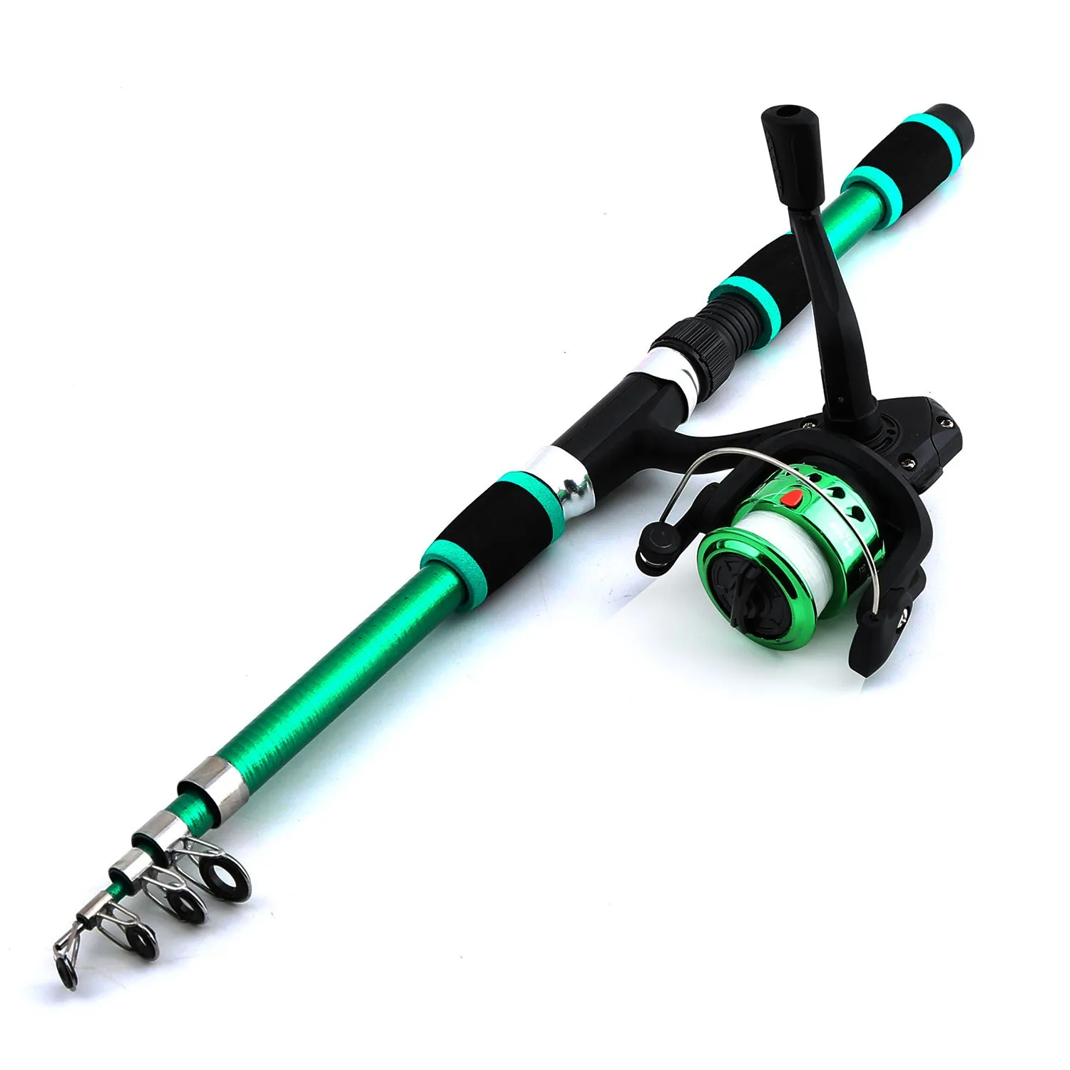 Children's beginner fishing rod kit with a blue pole and matching reel on a green background.